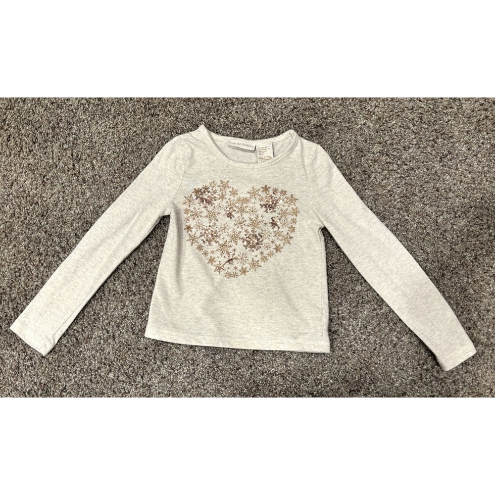 Cynthia Rowley Girls Sz 5/6 Youth Gold Heart Sequin‎ Snowflake Long Sleeve Shirt